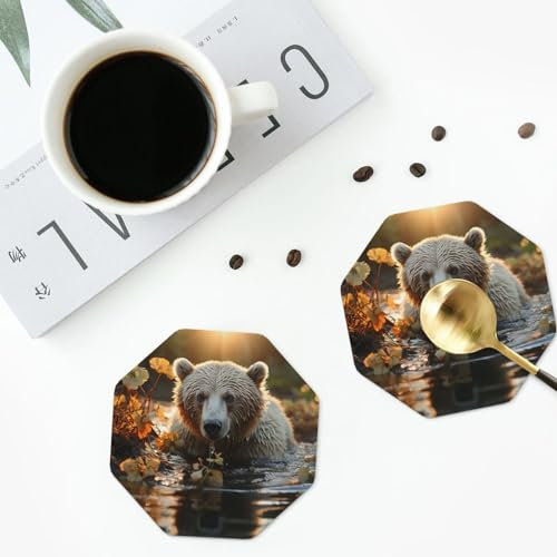 Bear Crossing The River Untersetzer aus Leder, für Getränke, hitzebeständig, Kaffeetassenmatte mit Halter, Tischschutz, Tassenmatte für Heimdekoration, Küche, 10,2 cm, 6 Stück