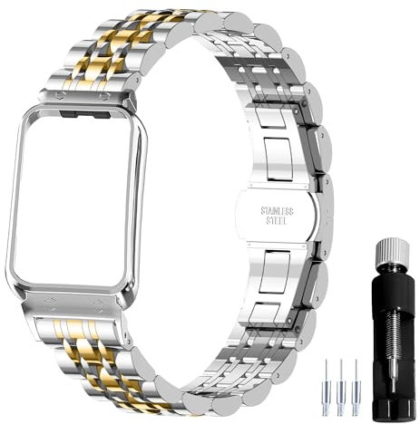 Gheper Metal Watchband Compatible with Samsung Galaxy Fit3[2024] SM-R390 Smartwatch Accessory Stainless Steel Protective Frame Case Design Replacement Wrist Strap Bracelet for Women Men