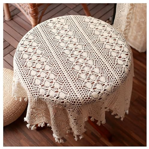 Boho-Tischdecke aus Häkelspitze mit Quasten, Tischläufer aus Vintage-Baumwolle für Restaurant, Picknick, Drinnen Draussen Garten(65x65cm(26x26in))
