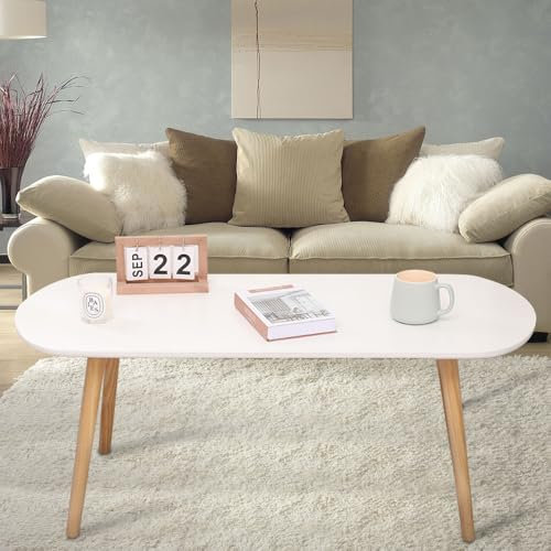 OHMG Table Basse Couche en Bois,Table d'appoint Ovale Blanche,End Table avec Pieds en pin pour Salon et Appartement,Table de Salon Moderne Salon Bureau,Multifonctionnelle