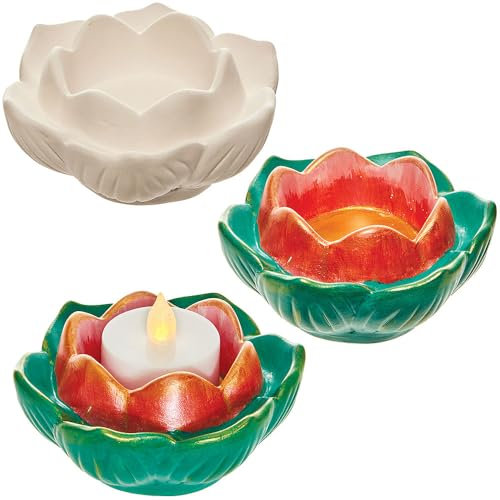Baker Ross FN375 Lotus Tealight Holder - Pack of 2, Ceramic Painting for Kids, Kids Tealight Holders to Paint