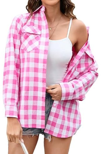 Stamain Chemise a Carreaux Rose Femme Chemise à Boutons à Manches Longue Country Top à Enrouler Décontracté Bureau Classique Fête avec Poches 2XL