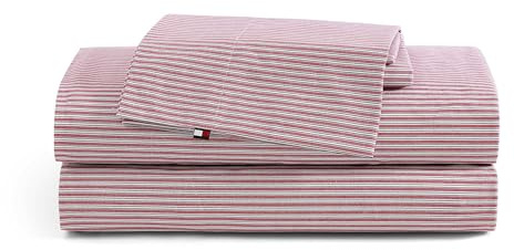 Tommy Hilfiger - Sheet Set, Cotton Percale Bedding with Matching Pillowcases, Crisp & Cool, Premium Quality Home Essentials (Highland Ticking Stripe Red, King)