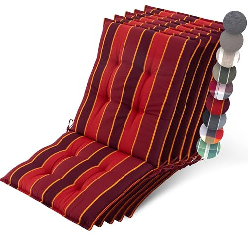 Beautissu 5er Set Premium Niedriglehner Auflage Gartenstuhl 100x50cm Sun-NL – 8cm Dick Polster Gartenstuhlauflage rutschfest Befestigungsbänder UV-Lichtechtheit 5 – Robust Stoff Rot Gestreift
