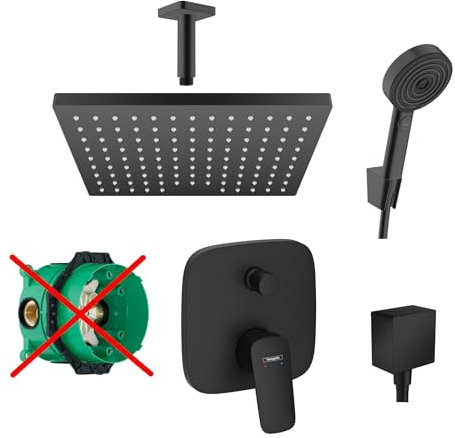 Hansgrohe Duschsystem mit Unterputz Duscharmatur von Hansgrohe Regendusche mit Armatur, Duschkopf eckig, Deckenarm Dusch-SET HGSK08-ob schwarz matt