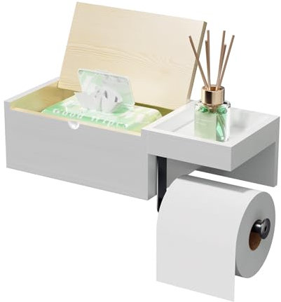 HapiRm Toilet Roll Holder - 4-in-1 Wall Mounted Toilet Paper Holder with Drawer Storage, Space-Saving No Drilling Paper Towel Shelf for Bathroom, Wood and Stainless Steel Multifunctional Organizer