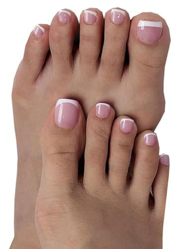 240Pcs Square False Toenails Short, French Tips Press on Toe Nails with Glue & File, Full Cover Fake Toenails for Women, DIY Pedicure Kit, Reusable Nude Pink Nail Art at Home