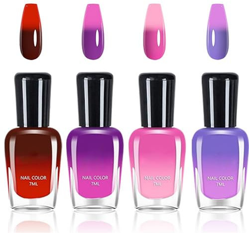 Quick Dry Non-Chip Long Lasting Nail Polish Set - Pink, Purple, Red, Clear Colour Changing Gel Nail Varnish with Top Coat for French Manicure