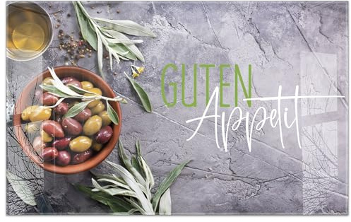 timalo Küchenbild aus Acrylglas modernes Wandbild Glasbild Deko Küche XXL Acryl-Bild wie Glas | 80x50cm Guten Appetit – Mediterrane Oliven & Kräuter auf Steinoptik