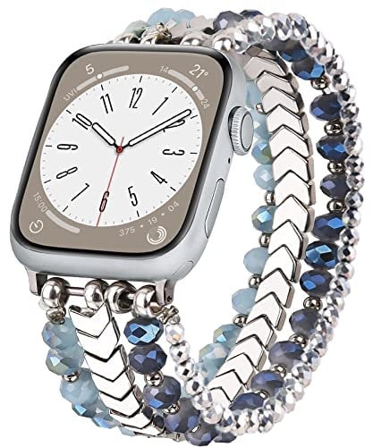 V.R.HOPE Beaded Straps Compatible with Apple Watch Straps 40mm 42mm 41mm 38mm Women, Unique Elegant Pearl Band for iWatch SE Series 11 10 9 8 7 6 5 4 3 2 1 - Blue, Small
