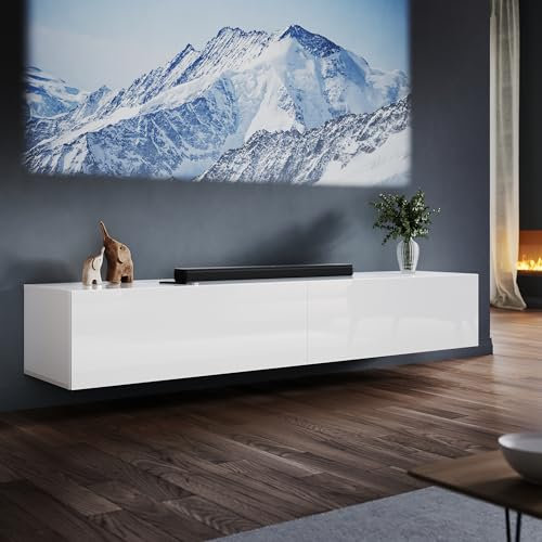 ELEGANT Floating TV Stand Cabinet Unit with Pull-Down Door, High Gloss White TV Cabinet with Large Storage Shelves, Modern Wall Mounted TV Cabinets for Living Room, Bedroom 1800x400x300mm