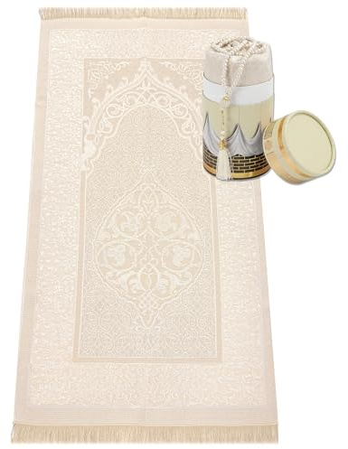 Teppich-Traum Gebetsteppich Geschenkset mit Tesbih Creme 65x110 cm | Pflegeleicht, leicht faltbar und platzsparend, Set mit Geschenkbox und Tesbih, für Zuhause, Reisen, Ramadan & Eid