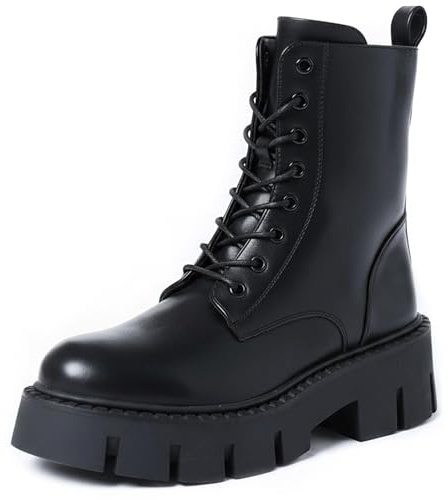 URBAN ROSA Anfibi Stivaletti Donna con Lacci Suola Spessa e Tacco Largo Antiscivolo 8256 (NERO 2, 40 EU, Adulto, 40, Numero, Sistema Taglie Calzature EU, Media)