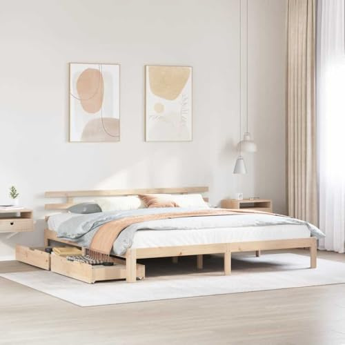 Runheo Massivholzbett mit Schubladen, 180x200 cm, Kiefer, unbehandelt, Robustes Bettgestell, Stauraum für Schlafzimmer