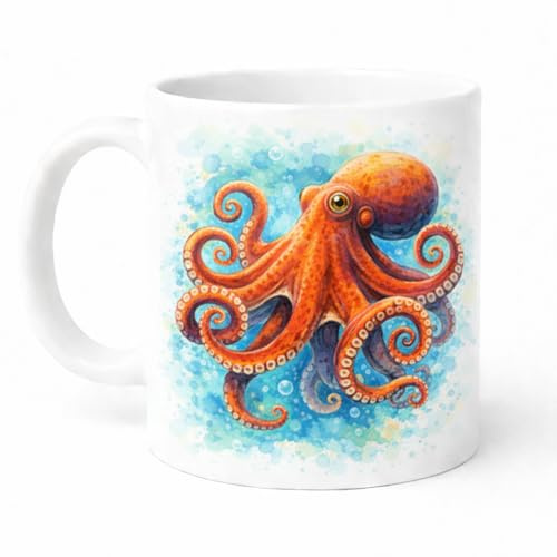 Brew Crew Gifts Octopus Watercolour Mug, White Ceramic, 11 oz, Ocean Theme, Dishwasher Safe