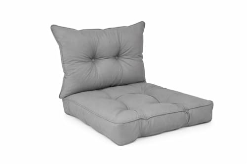 POKAR Stuhlkissen 2er Set 1x Sitzkissen 50x50x10 cm + 1x Rückenlehne 50x40x10 cm | Wasserabweisendes Loungekissen | Outdoor Auflagen für Gartenstuhl und Rattanmöbel | Öko Tex | Made in EU | Grau