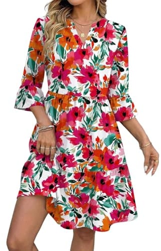 Zeagoo Sommerkleid Damen V-Ausschnitt 3/4 Arm A-Linie Knielang mit Taschen | Rüschen 3/4 Ärmel|Lose Freizeitkleid|Elegant Swing kleid|Gestuftes Kleider|Casual Strandkleid|S-2XL