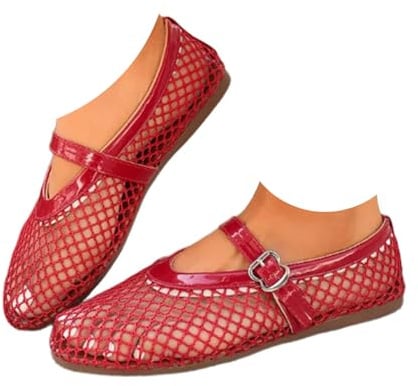 Mesh Ballet Flats for Women - Fishnet Mary Jane Shoes Casual Ballerina Flats Ladies Summer Flat Shoes Wide Width Casual Summer Daily Dress Flat Mary Janes