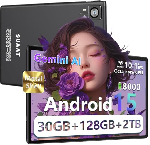 SUAAT Tablets Metall Widevine L1 Großer Speicher,Lernen und Unterhaltung | Android 15,Widevine L1,30 GB RAM + 128 GB ROM+2TB,Octa Core,GPS,GMS,BT 5.0,mit Schutzhülle-Schwarz