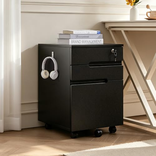 TUKAILAI Rollcontainer abschließbar mit 3 Schubladen Mobiler Aktenschrank | Holz, Auf Rollen und Haken, Für Akten Dokumente, Unterschrank Schreibtisch,Büro Homeoffice,Schwarz, 40cm