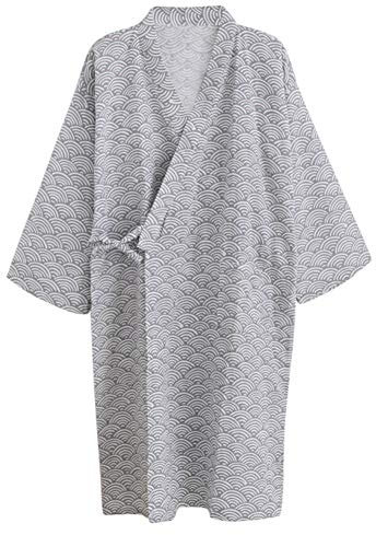 Men Women Kimono Bathrobe Cotton Dressing Gown Summer Lightweight Loose Comfy Sleepwear Nightdress with Pocket Pure Colour Bath Robe Wrap Beach Swimwear Bikini Cover Up (Wave-Grey)