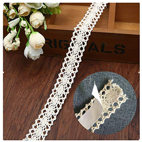 15m Vintage selbstklebende Spitzenband Borte Creme Ivory 20mm breit aus Baumwolle Stoff Spitzenborte Spitze Spitzenbordüre zum Basteln und Dekorieren Geschenke Baumwollspitze Hochzeitsdeko Gläser