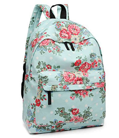 KONO Schulrucksack Mädchen Rucksack Schulranzen Schultasche Damen Canvas Backpack Blume Tupfen Daypack Schultertasche Teenager School Tasche Vintage für Arbeit Schule Reise (Blau)