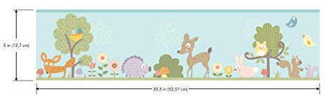RoomMates RMK4407BD Selbstklebende Bordüre Waldtiere, Vinyl, Blau, Grün, 12,7 cm x 4,57 m