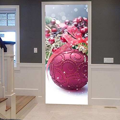 A.Monamour Türtapete Selbstklebend Türfolie Türposter 3D Weihnachts Kiefernverzierungen Runde Kugelbänder Sterne Weihnachten Vinyl Folie Türdeko Tapete Wandbild Türaufkleber Türtattoo 77 x 200 cm