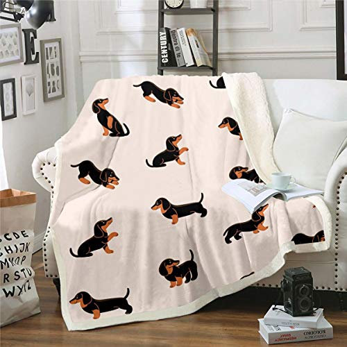Loussiesd Cartoon-Hunde-Überwurfdecke, Dackel, Fleece, Sherpa-Fleece, flauschig, Überwurfdecke für Kinder, Kleinkinder, Jungen, niedliche Welpen, Einzelbett, 127x152 cm