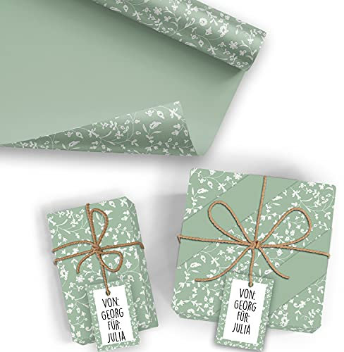 5x Geschenkpapier Motiv Blumenranke/Eukalyptus - 5 große Bogen je 70 x 100 cm - verpackt als eine Rolle - inkl. Passende Geschenkanhänger - Umweltfreundliche Geschenkverpackung - Marke Neuser