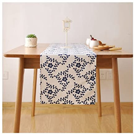 Aotiwe Tischband Herbst, Tischdecke Weihnachten aus Baumwolle und Leinen Blumenmuster Blau Weiß 35x220CM für Abendessen Bauernhaus Dekor