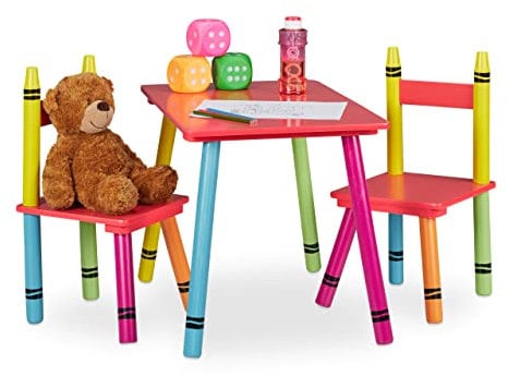 Relaxdays Kindersitzgruppe, Kindertisch mit 2 Stühlen, Mädchen & Jungen, MDF & Holz, Sitzecke fürs Kinderzimmer, bunt, ['Rot', 'Gelb', 'Grün', 'Blau', 'Pink']
