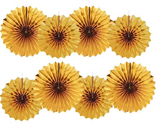 GAKA FAVOR 8er Set Party Deko Folie Gold Papierfächer,Hängende Papier Fächer Dekoration für Party Hochzeit Geburtstag Festival Weihnachten Event Karneval