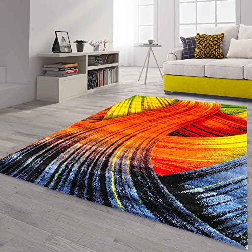 VIMODA Teppich Bunt Patchwork Wellen Punkte Farbig Modern Kurzflor Wohnzimmer, Farbe:B415, Maße:200x290 cm