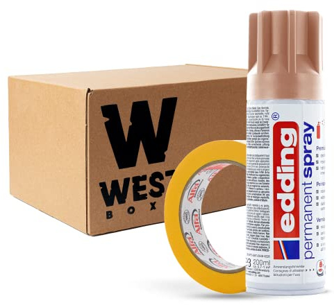 W West Boxx Premium Acryllack Spray 200 ml in Kupfer Matt im Set mit Kreppband Gold 25mm x 50m Typ 521, für exakte Farbkanten