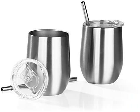 GOURMETmaxx Wein-Edelstahlbecher to go mit Strohhalm und Deckel 2er-Set | Dreifach isoliert | 350ml Fassungsvermögen | Mit Auslaufschutz [Edelstahl]