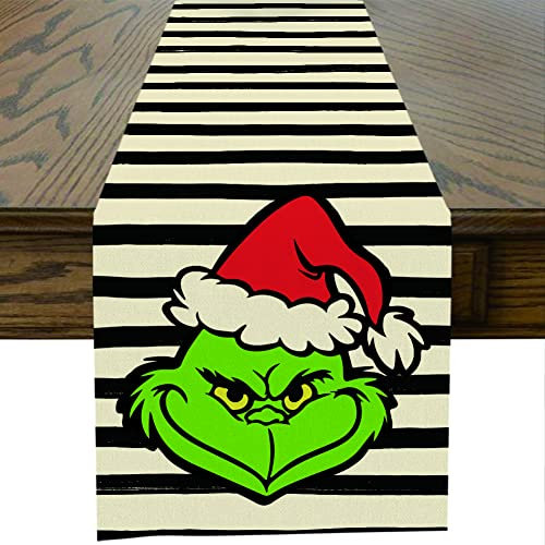 Ohok Weihnachten Tischläufer 33 x 183 cm, Leinen Weihnachtsgrinch Serie Tischläufer Küche Esstisch Dekoration für Drinnen und Draußen Urlaub Party Bauernhaus Wohnzimmer Dekor (Streifen B)