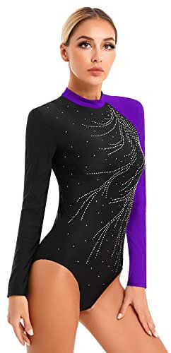 iEFiEL Damen Glitzer Turnanzug Langarm Sportbody Yoga Tanzanzug Einteiler Trikotanzug Gym Leotard Eiskunstlauf Anzug Tanzkostüm Violett M