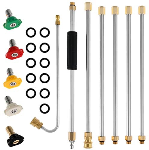 Gutter Cleaning Tool Pressure Washer Extension Wand Set 4000 PSI Washer Gun Extension Rod, Telescopic Roof Cleaner Lance with 5X Spray Nozzle Tips, 1/4 Inch Quick Connect