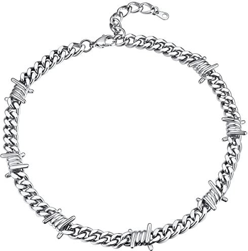 Barbed Wire Chain Silver Spike Necklace Goth Necklaces Silver Cuban Link Chain for Women Heavy Metal Necklace Cool Chains Thorn Necklace Spiked Choker Punk