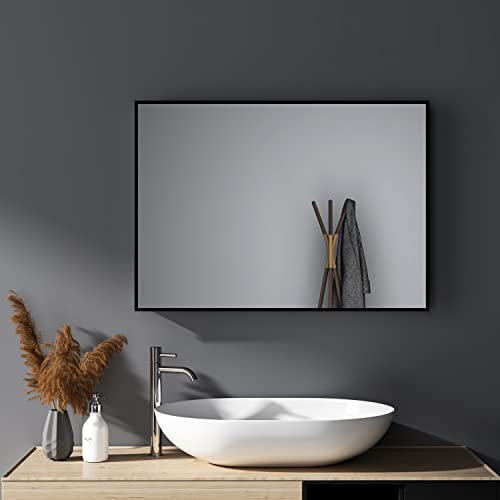 HY-RWML Spiegel Schwarz 40x60 cm, Wandspiegel Rechteckiger Wandmontage Edelstahl Kosmetikspiegel für Badezimmer Wohnzimmer Glatte Spiegeloberfläche horizontaler vertikaler Einbau