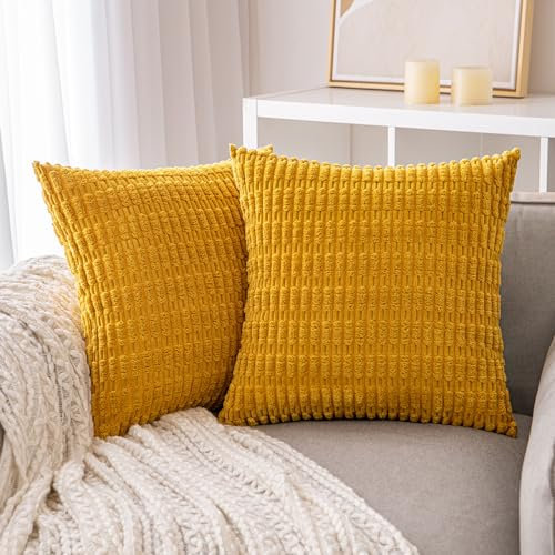 ANRODUO 2 Stück Cord-Dekorative Kissenbezüge 40.6x40.6 cm für Couch, Bett, Wohnzimmer, weicher gestreifter, quadratischer Kissenbezug, rustikale Bauernhaus-Boho-Heimdekoration, senfgelb