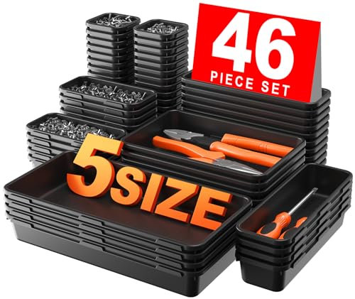 A-LuGei【𝟰𝟲𝗣𝗰𝘀【𝟱 𝗦𝗶𝘇𝗲】 Desk Drawer Organiser, 【Black】 Tool Box Organiser Tray Dividers, Toolbox Storage Draw Organisers, Garage Organisation Tool Chest Screw Cart Cabinet WorkBench