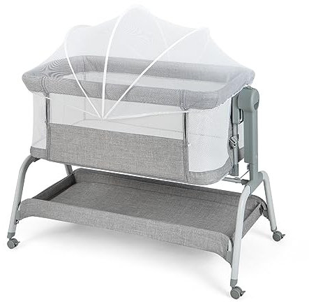 LIFEZEAL Cuna de Bebé con Mosquitera, Moisés con Colchón y Ruedas, Cuna de Viaje con 6 Ajustes de Altura, Cuna Portátil para Bebé de 0-6 Meses, Moisés con Cesta de Almacenaje (Gris)