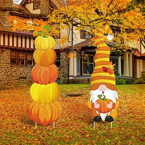 Namalu 2 Pack Erntedankfest Gartenstecker Zwerg Blumenstecker für Draußen mit 12 Pfählen Gartenzwerg Kürbis Beetstecker Herbst Gartendeko Wohnung Rasen Hof Pfad Herbstdeko