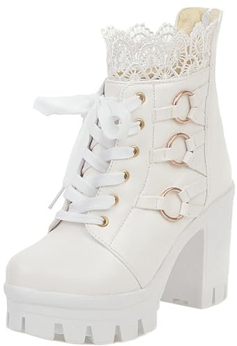Joliss Donna Pizzo Stivali Plateau Stivaletti Tacco a Blocco Stivaletti Punta Rotonda Senza Chiusura Stivali Corti Bianco Numero 33 EU