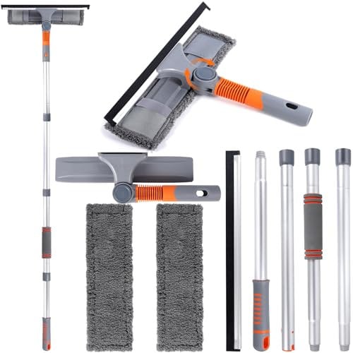 GUHAOOL 2 en 1 Limpiador de Ventanas, Limpiacristales 2 en 1 Profesional con Mango Telescópico 162cm, 2 Paños de Microfibra, Cabezal Giratorio de 180 °, para Automóviles y Ventanas Exteriores Altas