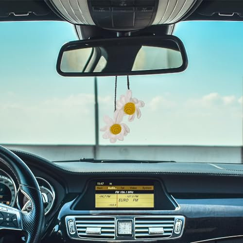 Daisy Crochet Car Accessory, Cute Rear View Mirror Crochet Hanging Plant for Car Handmade Knitted Car Plant Decor Pendant Aesthetic Flower Daisy Car Hanger Gift for Car Mirror Crochet Lovers