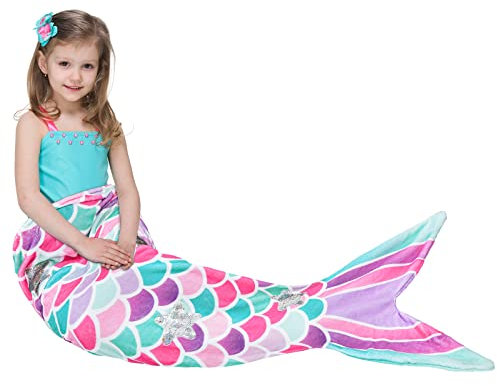 WERNNSAI Meerjungfrau Schwanzdecke für Kinder - Flanell Fleece Meerjungfrauen Decke für Mädchen Alle Jahreszeiten Weicher Meerjungfrau Flosse Decke Schlafsack, 110 x 40cm (Pailletten, Kinder)